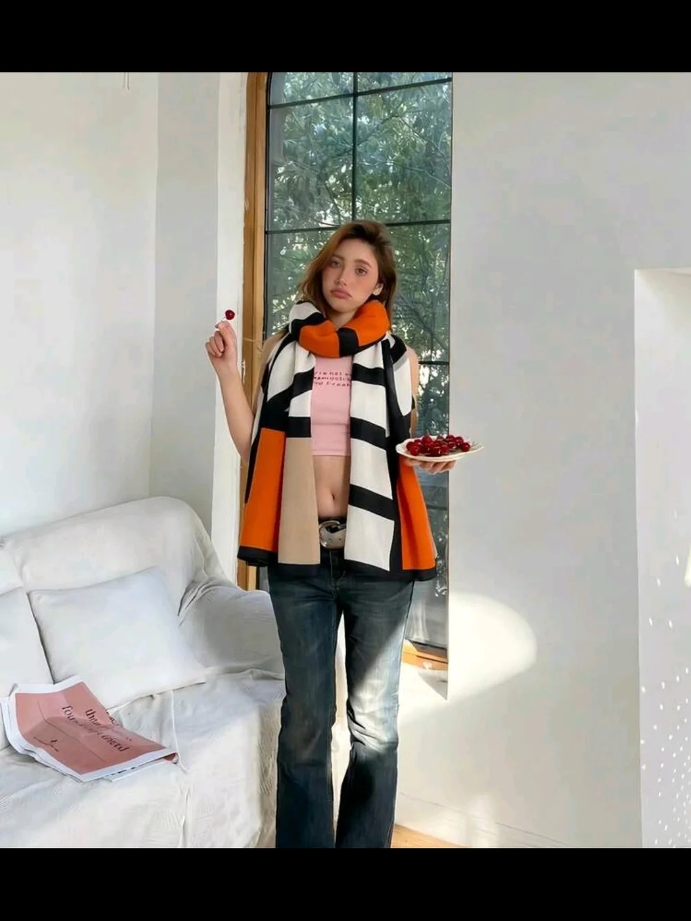 Silk-Feel Geometric Print Scarf - Orange, Cream & Black 35.4